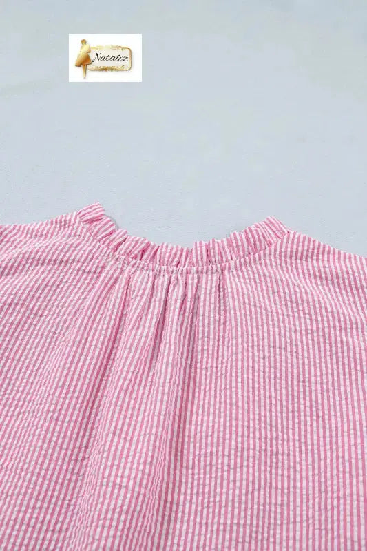 Rose Stripe Short Bubble Sleeve Split V Neck Blouse Nataliz