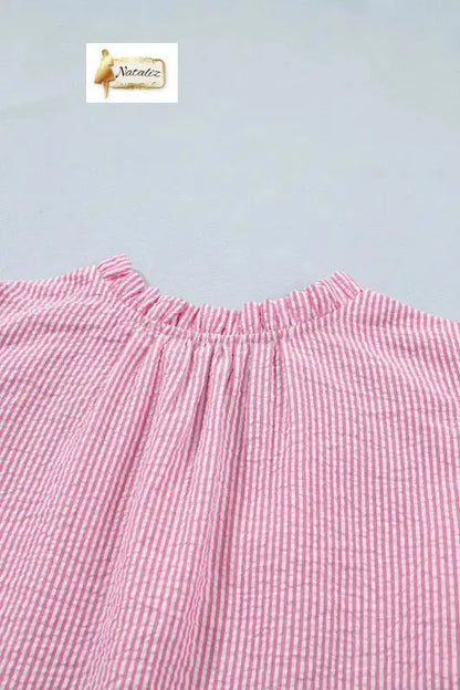 Rose Stripe Short Bubble Sleeve Split V Neck Blouse Nataliz
