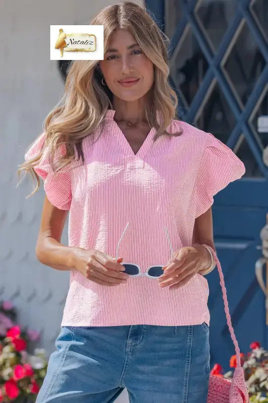 Rose Stripe Short Bubble Sleeve Split V Neck Blouse Nataliz
