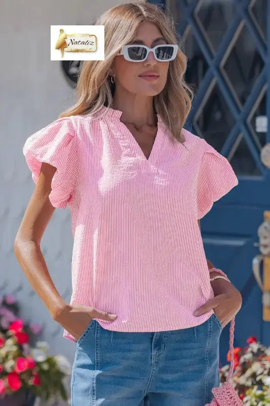 Rose Stripe Short Bubble Sleeve Split V Neck Blouse Nataliz