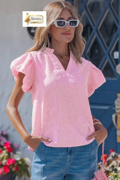 Rose Stripe Short Bubble Sleeve Split V Neck Blouse Nataliz