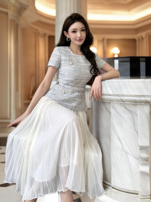 Belted Tweed Top & Pleated Maxi Skirt Set model front view · nz-bg-v1