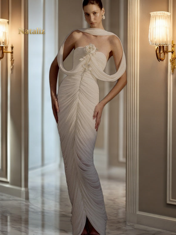 Ruched Strapless Maxi Gown with Draped Shawl model front view