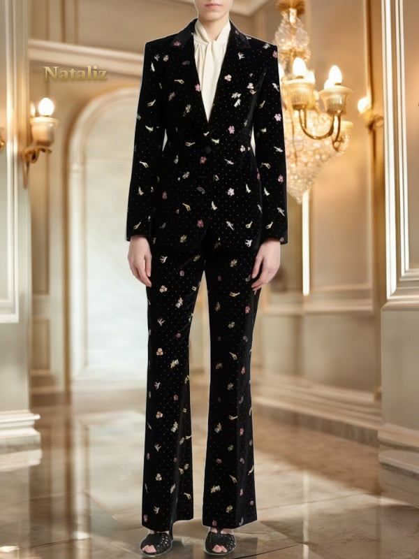 Embroidered Motif Velvet Blazer and Flared Trouser Set model front view