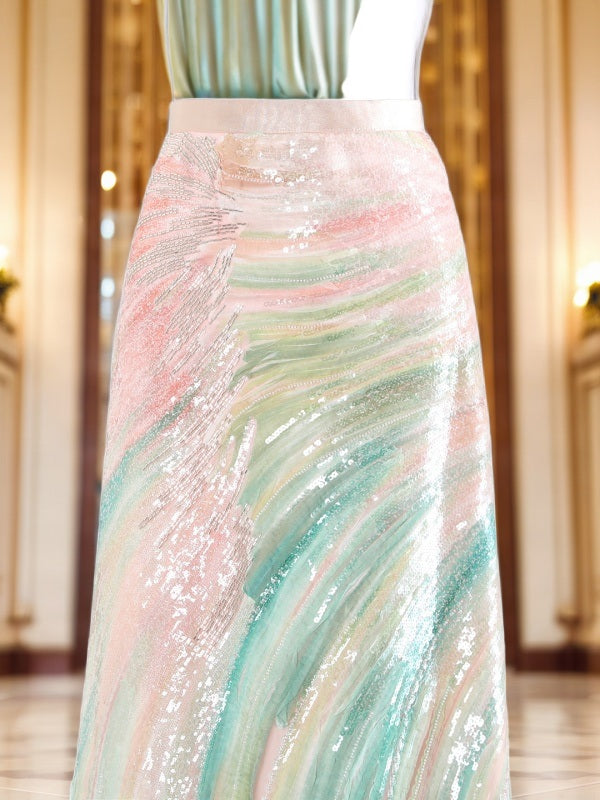 Sequin Brushstroke Maxi Skirt in Pastel Pink and Green detail view · nz-bg-v1
