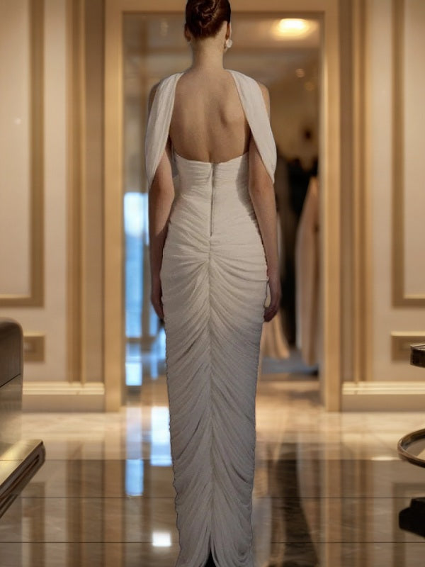 Ruched Strapless Maxi Gown with Draped Shawl model back view · nz-bg-v1