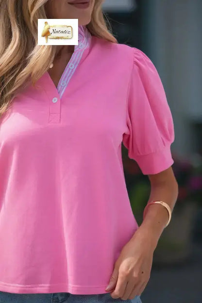 Sachet Pink Striped Frilled Collar Short Sleeve Blouse Nataliz