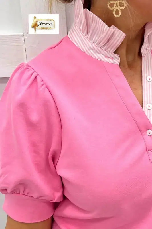 Sachet Pink Striped Frilled Collar Short Sleeve Blouse Nataliz