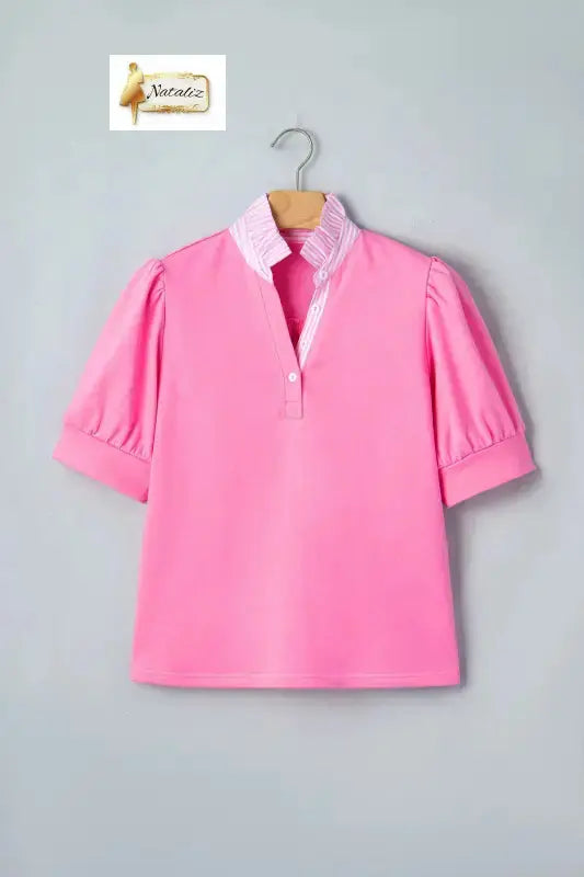 Sachet Pink Striped Frilled Collar Short Sleeve Blouse Nataliz