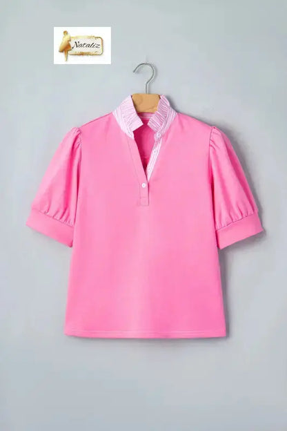 Sachet Pink Striped Frilled Collar Short Sleeve Blouse Nataliz
