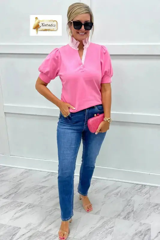 Sachet Pink Striped Frilled Collar Short Sleeve Blouse Nataliz