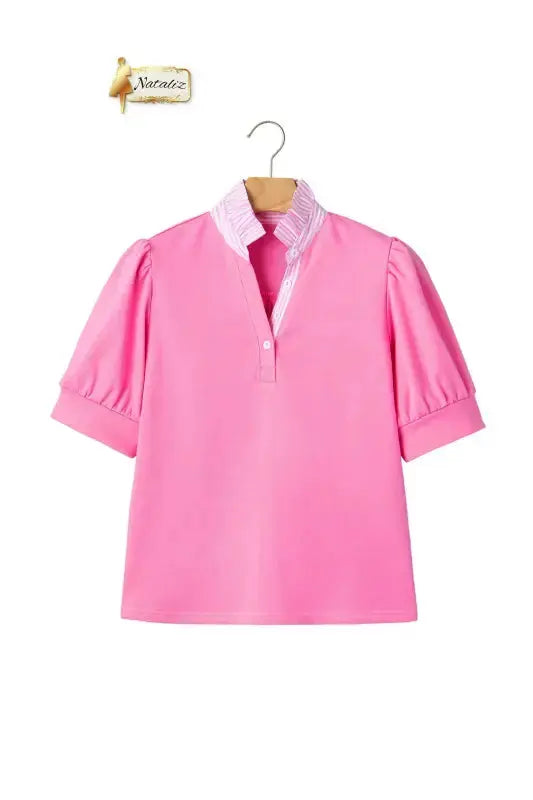 Sachet Pink Striped Frilled Collar Short Sleeve Blouse Nataliz