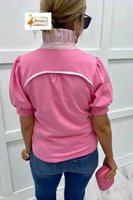 Sachet Pink Striped Frilled Collar Short Sleeve Blouse Nataliz