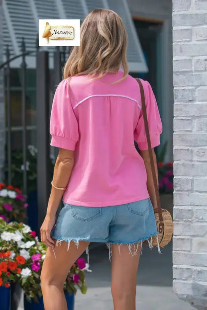 Sachet Pink Striped Frilled Collar Short Sleeve Blouse Nataliz