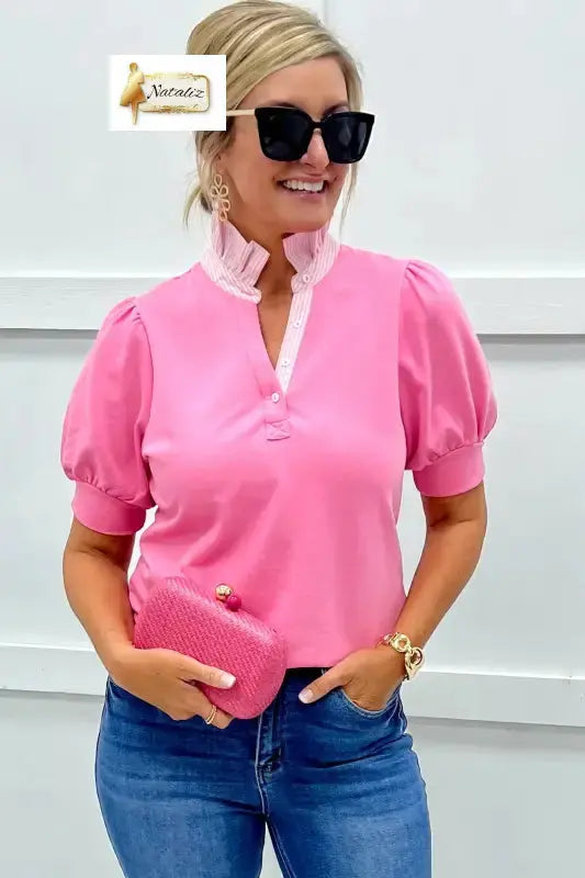 Sachet Pink Striped Frilled Collar Short Sleeve Blouse Nataliz