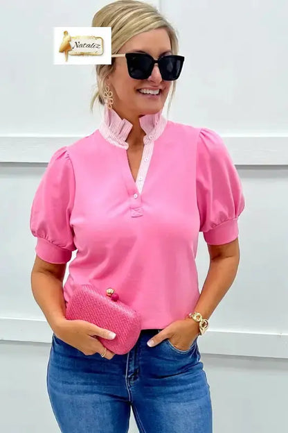 Sachet Pink Striped Frilled Collar Short Sleeve Blouse Nataliz