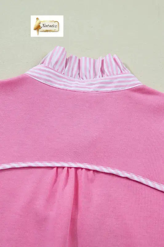 Sachet Pink Striped Frilled Collar Short Sleeve Blouse Nataliz