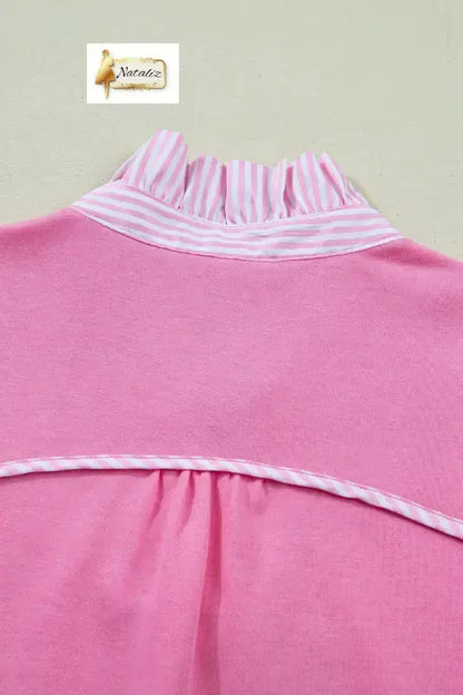 Sachet Pink Striped Frilled Collar Short Sleeve Blouse Nataliz