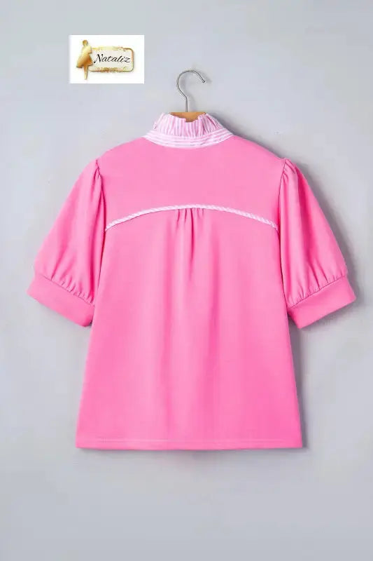 Sachet Pink Striped Frilled Collar Short Sleeve Blouse Nataliz
