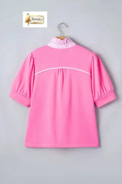 Sachet Pink Striped Frilled Collar Short Sleeve Blouse Nataliz
