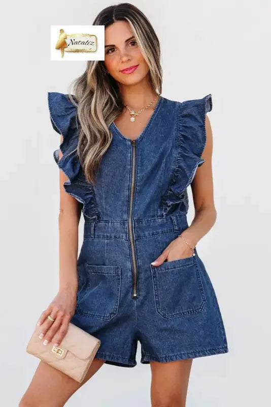 Sail Blue Denim Ruffled Zipped Front Belted Romper Dear-Lover Dropshipping