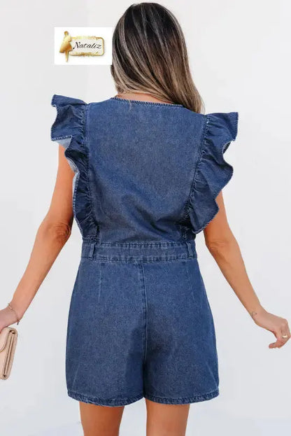 Sail Blue Denim Ruffled Zipped Front Belted Romper Dear-Lover Dropshipping