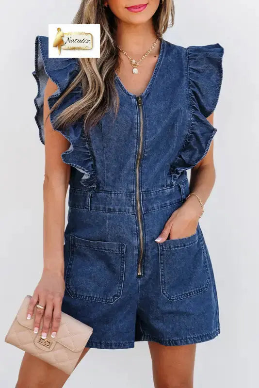 Sail Blue Denim Ruffled Zipped Front Belted Romper Dear-Lover Dropshipping