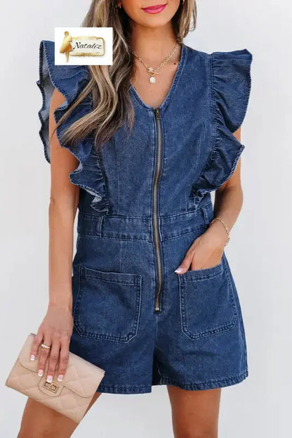 Sail Blue Denim Ruffled Zipped Front Belted Romper Dear-Lover Dropshipping