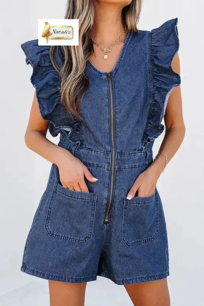 Sail Blue Denim Ruffled Zipped Front Belted Romper Dear-Lover Dropshipping