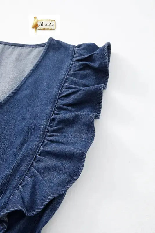 Sail Blue Denim Ruffled Zipped Front Belted Romper Dear-Lover Dropshipping