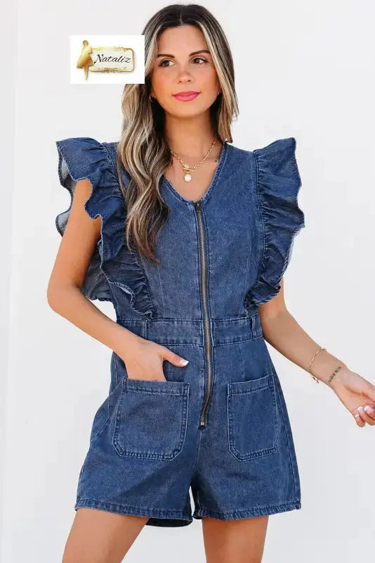 Sail Blue Denim Ruffled Zipped Front Belted Romper Dear-Lover Dropshipping