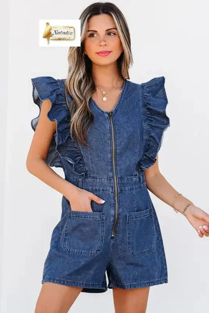 Sail Blue Denim Ruffled Zipped Front Belted Romper Dear-Lover Dropshipping