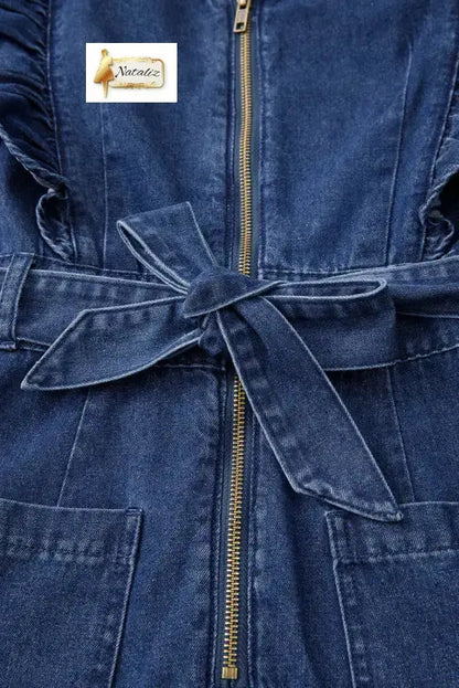 Sail Blue Denim Ruffled Zipped Front Belted Romper Dear-Lover Dropshipping