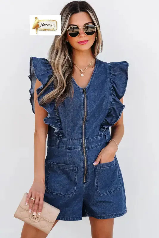 Sail Blue Denim Ruffled Zipped Front Belted Romper Dear-Lover Dropshipping