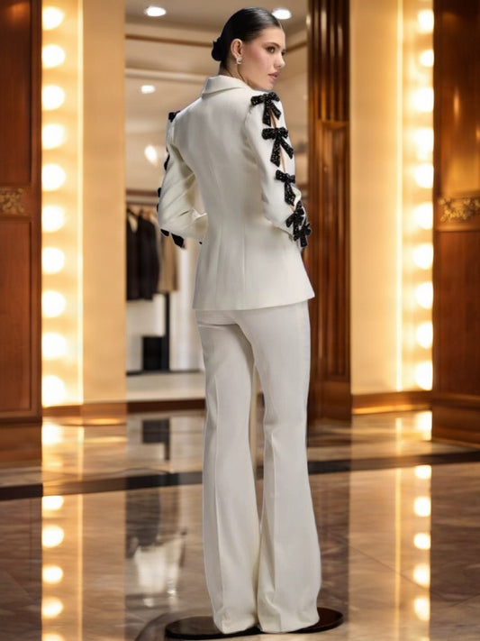 Bow-Trim Blazer and Flare Trouser Set in Ivory model back view · nz-bg-v1