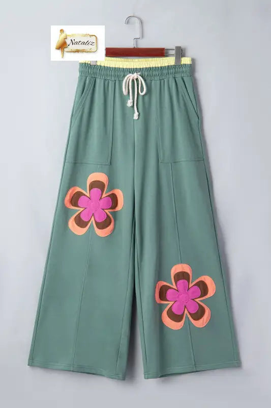 Sea Green Color Block Flower Patchwork Drawstring Contrasted Elastic Waist Wide Leg Pants Dear-Lover Dropshipping