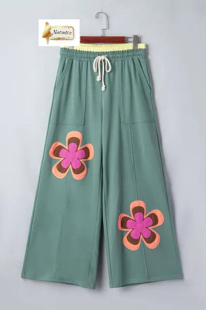 Sea Green Color Block Flower Patchwork Drawstring Contrasted Elastic Waist Wide Leg Pants Dear-Lover Dropshipping