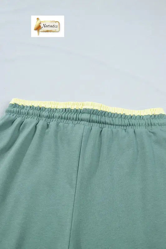 Sea Green Color Block Flower Patchwork Drawstring Contrasted Elastic Waist Wide Leg Pants Nataliz