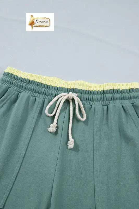 Sea Green Color Block Flower Patchwork Drawstring Contrasted Elastic Waist Wide Leg Pants Nataliz
