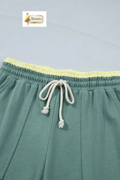 Sea Green Color Block Flower Patchwork Drawstring Contrasted Elastic Waist Wide Leg Pants Nataliz