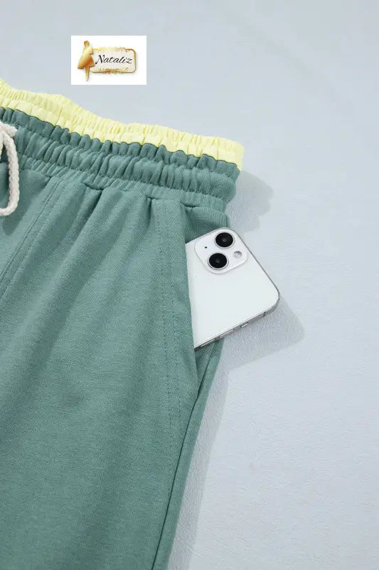 Sea Green Color Block Flower Patchwork Drawstring Contrasted Elastic Waist Wide Leg Pants Nataliz