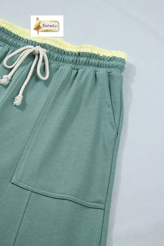 Sea Green Color Block Flower Patchwork Drawstring Contrasted Elastic Waist Wide Leg Pants Nataliz