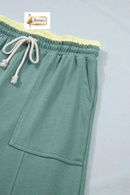 Sea Green Color Block Flower Patchwork Drawstring Contrasted Elastic Waist Wide Leg Pants Nataliz