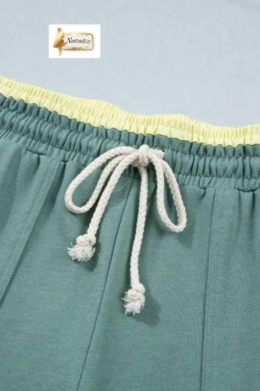 Sea Green Color Block Flower Patchwork Drawstring Contrasted Elastic Waist Wide Leg Pants Dear-Lover Dropshipping