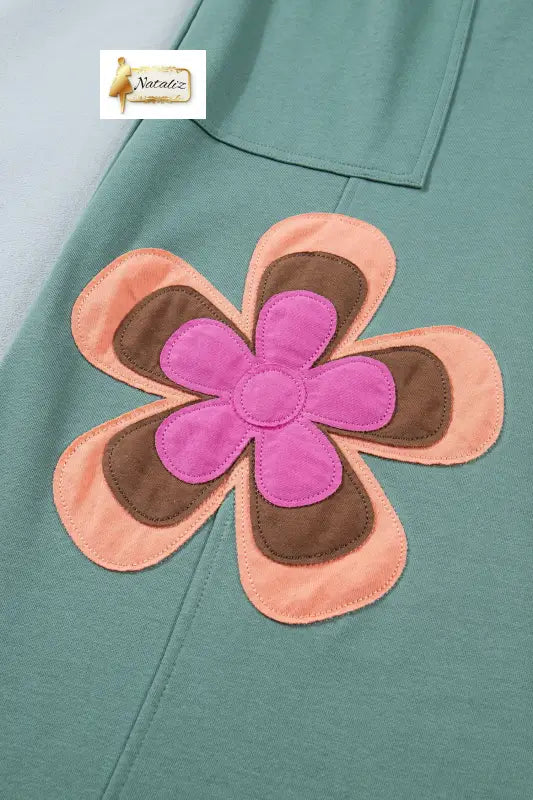 Sea Green Color Block Flower Patchwork Drawstring Contrasted Elastic Waist Wide Leg Pants Dear-Lover Dropshipping