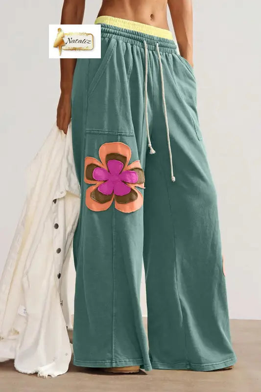 Sea Green Color Block Flower Patchwork Drawstring Contrasted Elastic Waist Wide Leg Pants Dear-Lover Dropshipping