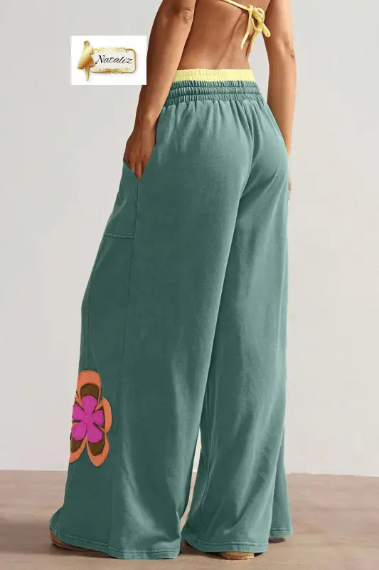 Sea Green Color Block Flower Patchwork Drawstring Contrasted Elastic Waist Wide Leg Pants Dear-Lover Dropshipping