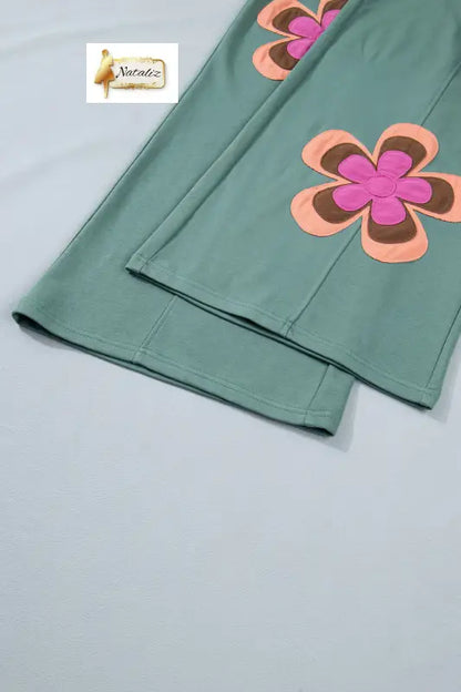 Sea Green Color Block Flower Patchwork Drawstring Contrasted Elastic Waist Wide Leg Pants Nataliz