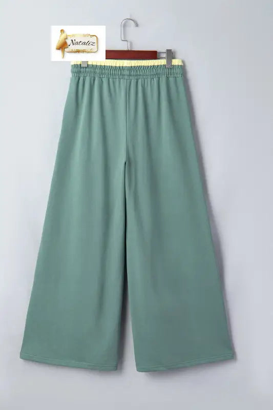 Sea Green Color Block Flower Patchwork Drawstring Contrasted Elastic Waist Wide Leg Pants Dear-Lover Dropshipping