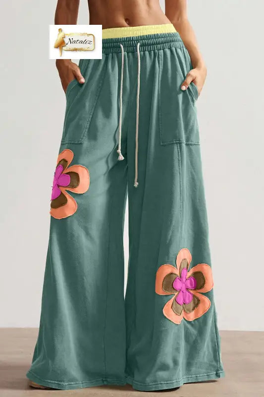 Sea Green Color Block Flower Patchwork Drawstring Contrasted Elastic Waist Wide Leg Pants Dear-Lover Dropshipping